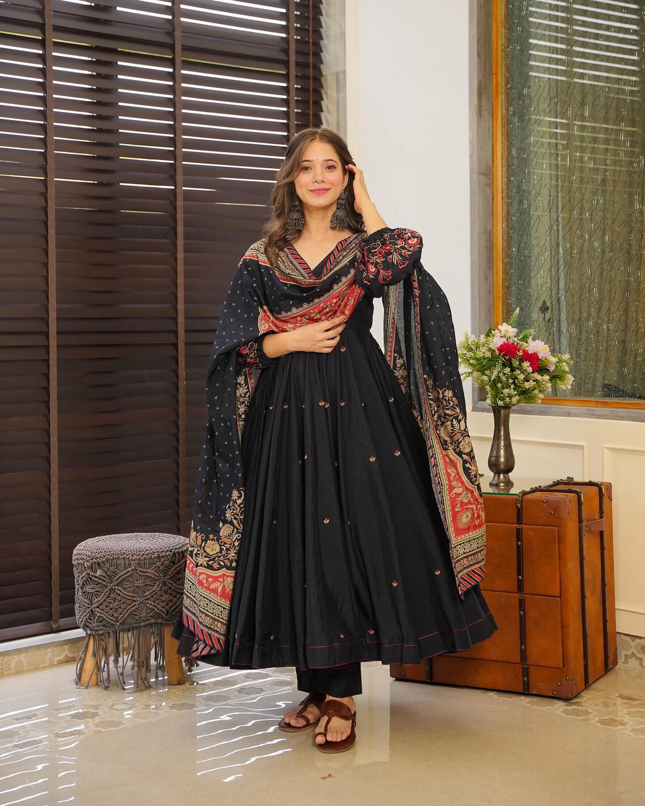 Grand Chinnon Silk Black Color Anarkali suit set