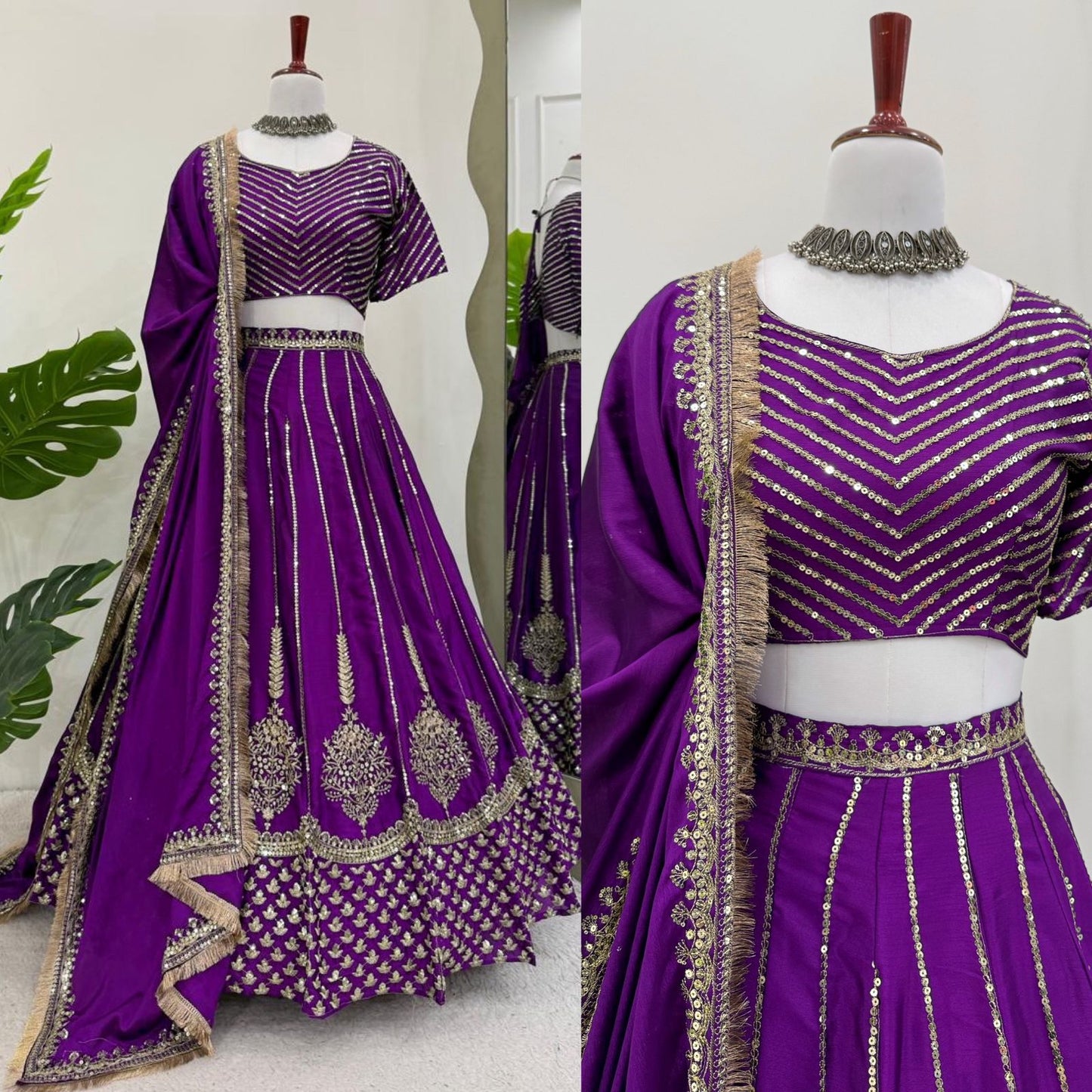 NEW TREDING BEST PURPLE CHINON SILK LEHNGHA SET