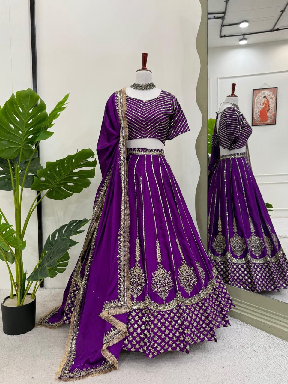 NEW TREDING BEST PURPLE CHINON SILK LEHNGHA SET