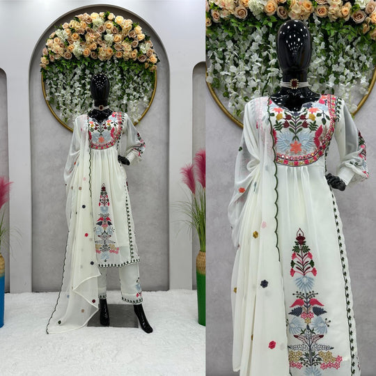 White georgette multi thread & Mirror work designer plazo suit