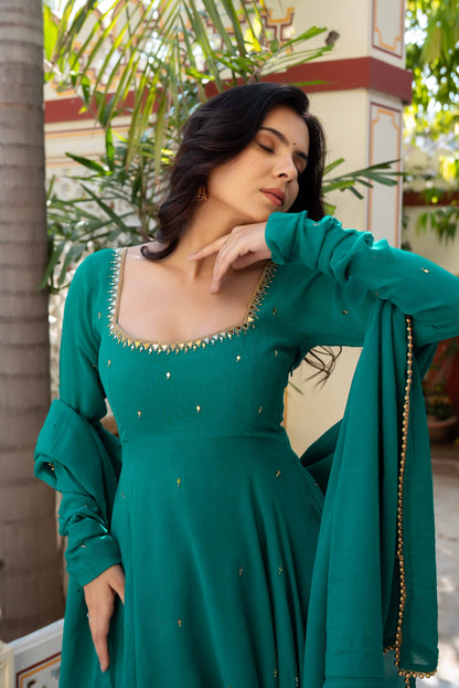 Wedding Special Premium Real Mirror Work RamaBlue Gown Set with Dupatta  💎