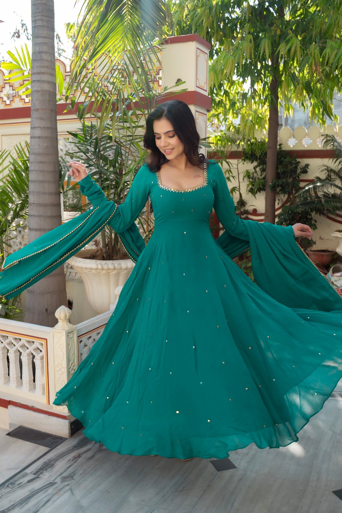 Wedding Special Premium Real Mirror Work RamaBlue Gown Set with Dupatta  💎