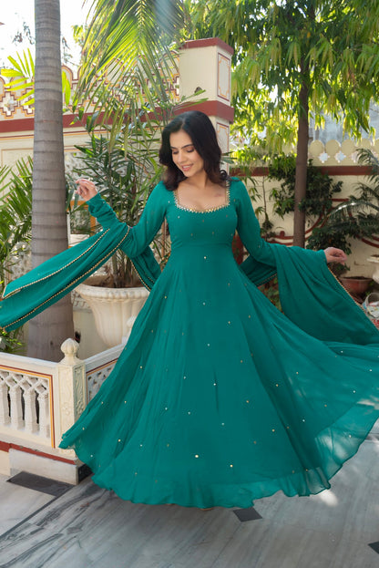 Wedding Special Premium Real Mirror Work RamaBlue Gown Set with Dupatta  💎