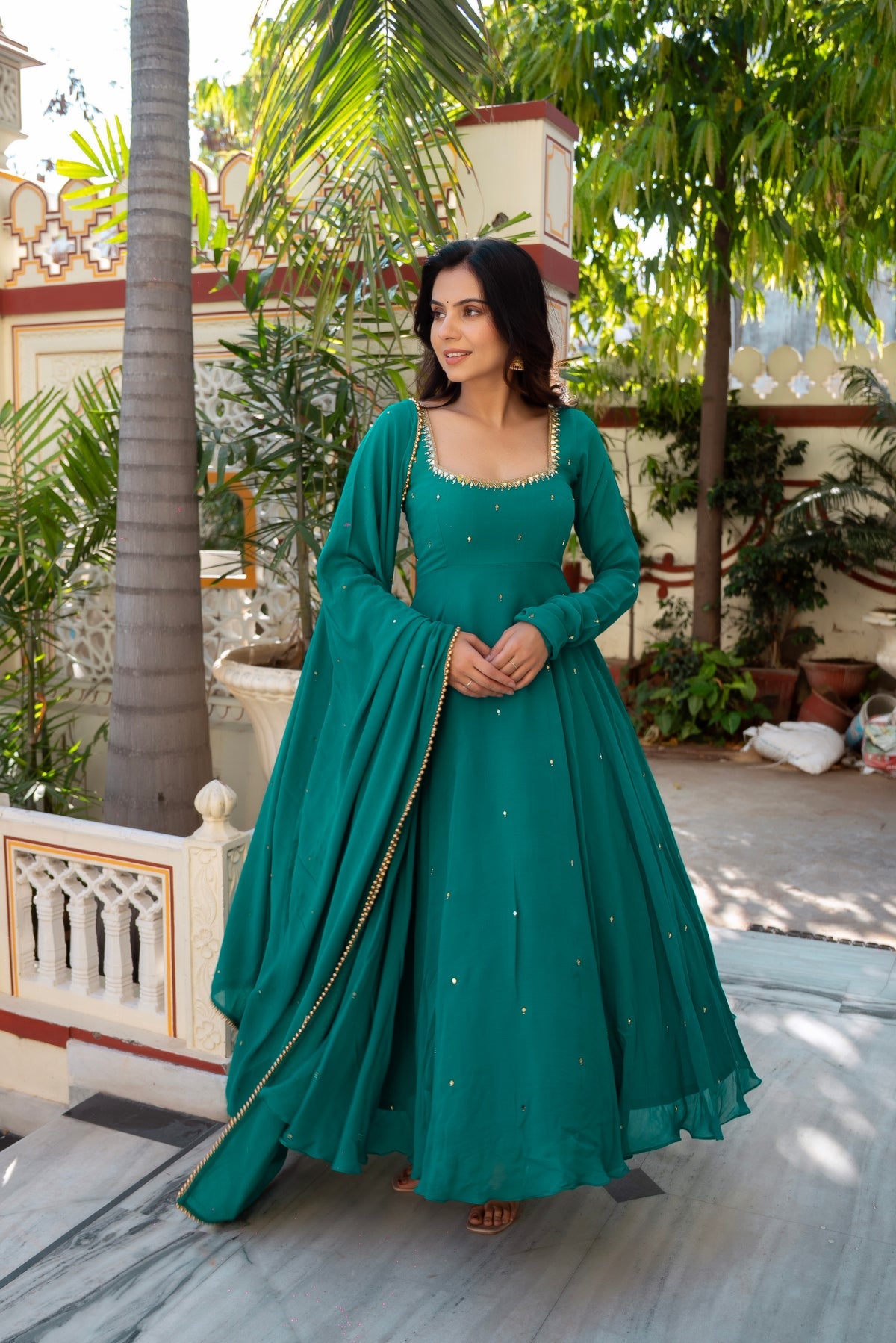 Wedding Special Premium Real Mirror Work RamaBlue Gown Set with Dupatta  💎