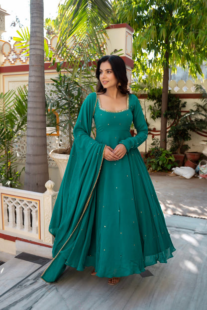 Wedding Special Premium Real Mirror Work RamaBlue Gown Set with Dupatta  💎