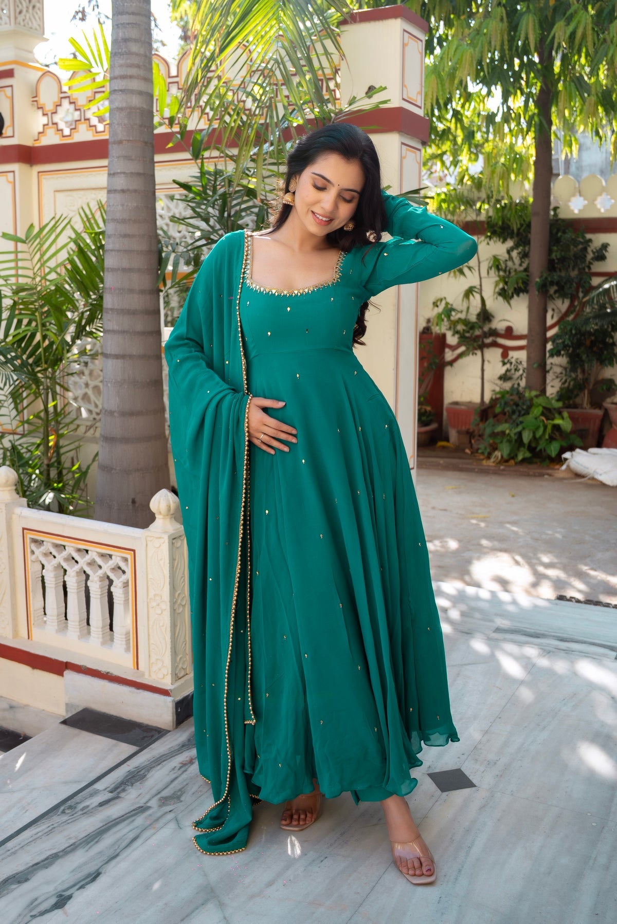 Wedding Special Premium Real Mirror Work RamaBlue Gown Set with Dupatta  💎