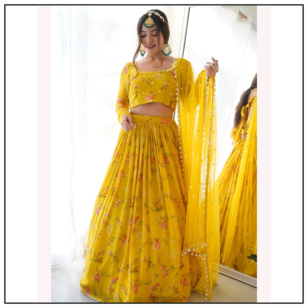 Yellow flower printed georgette lehenga choli for haldi ceremony