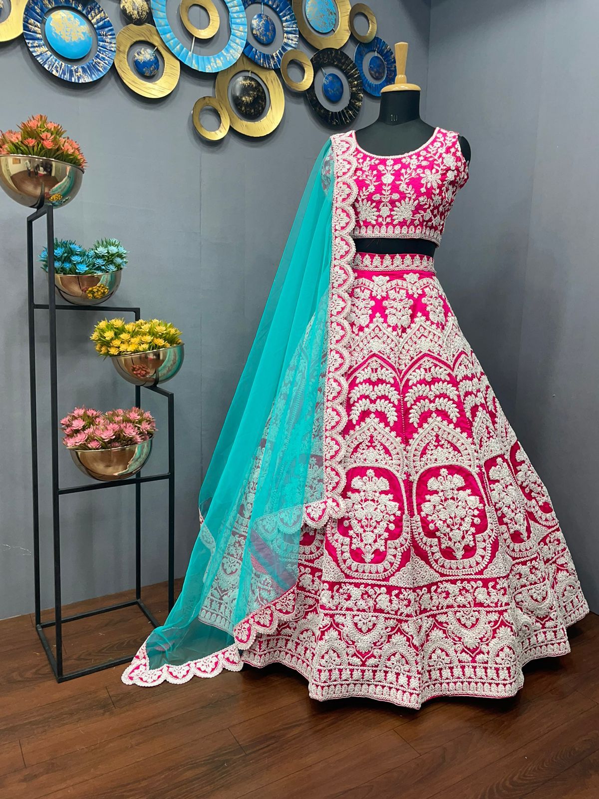 Rani pink tapeta silk heavy embroidered bridal lehenga choli