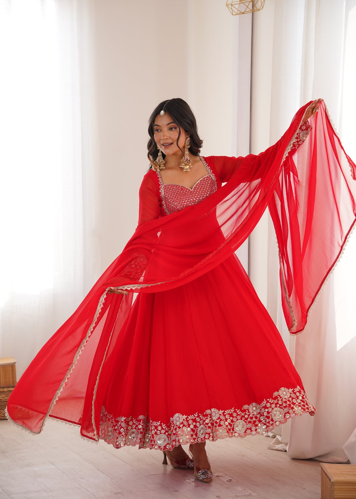 Heavy Georgette Red Anarkali Suit With Sequin Detailing