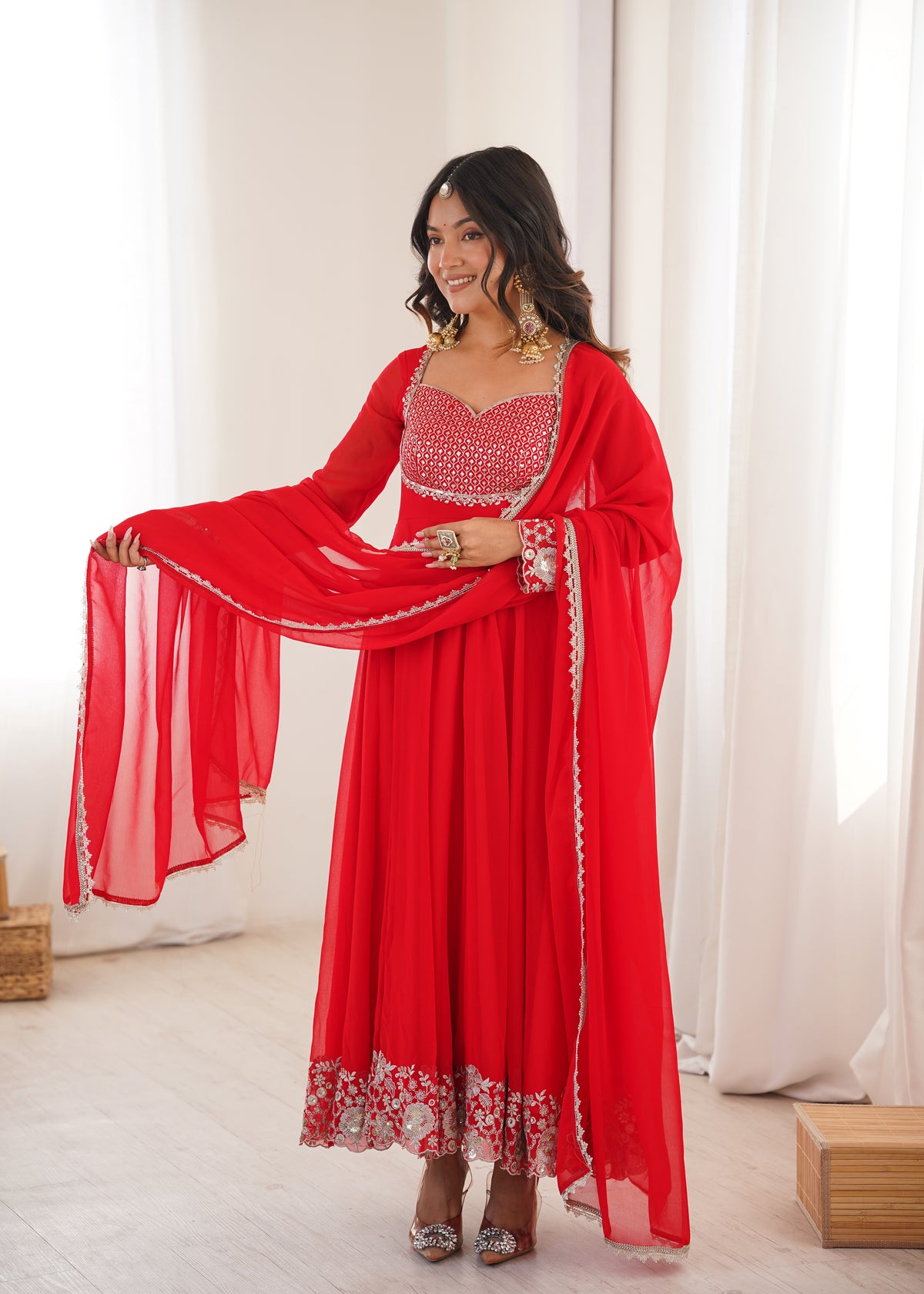 Heavy Georgette Red Anarkali Suit With Sequin Detailing