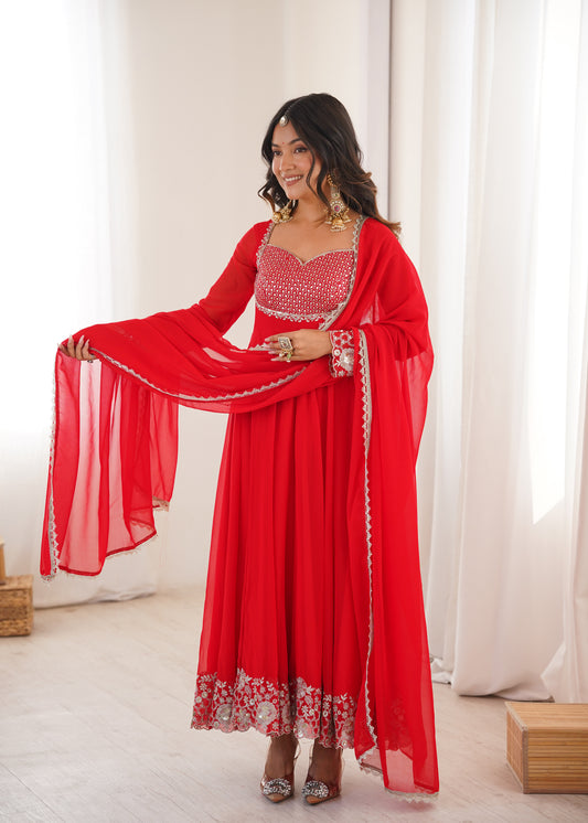 Heavy Georgette Red Anarkali Suit With Sequin Detailing