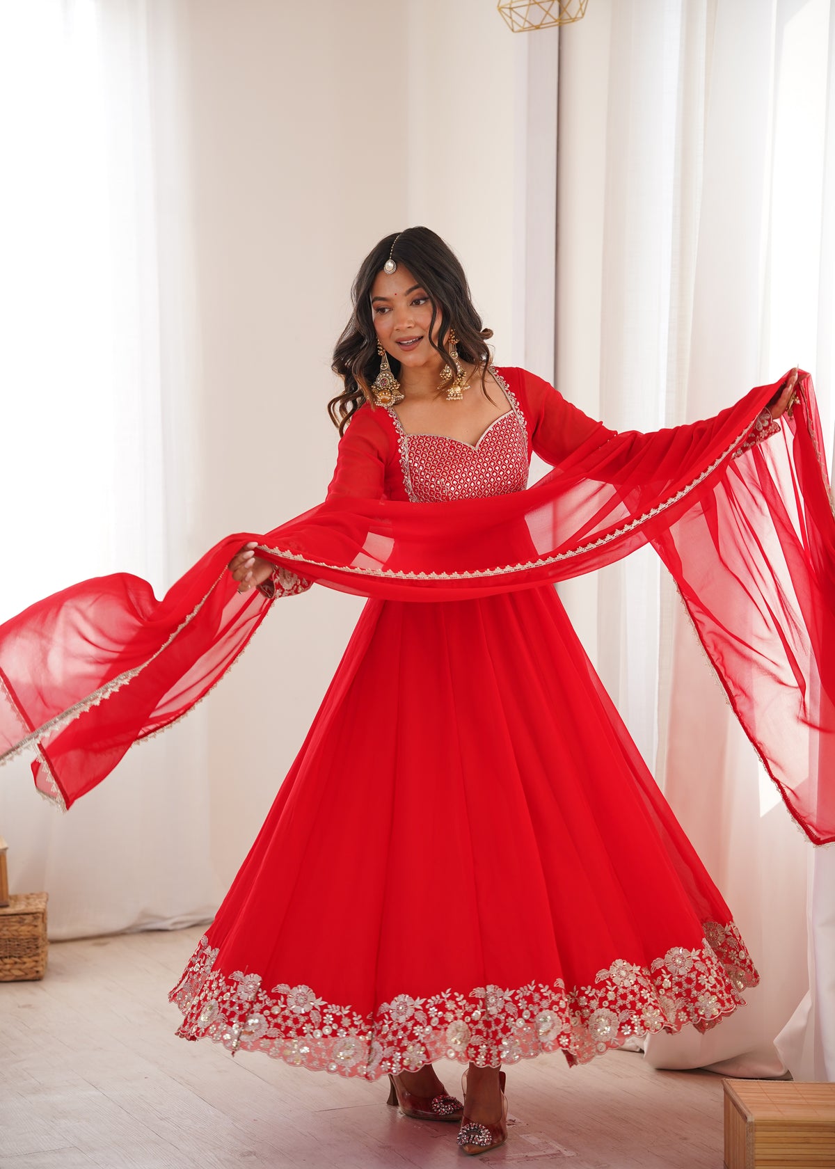 Heavy Georgette Red Anarkali Suit With Sequin Detailing