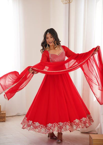 Heavy Georgette Red Anarkali Suit With Sequin Detailing