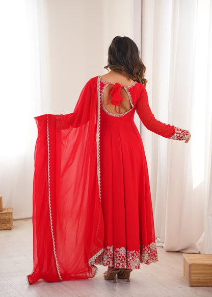 Heavy Georgette Red Anarkali Suit With Sequin Detailing