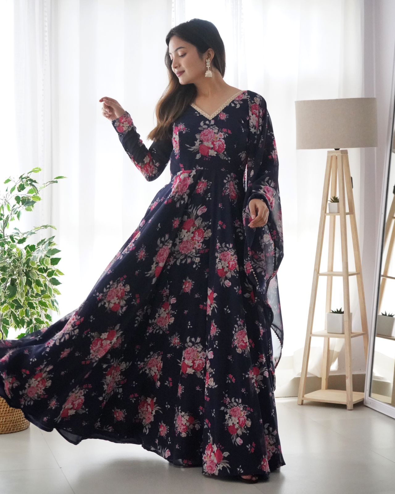 Black Color floral printed Georgette anarkali Gown