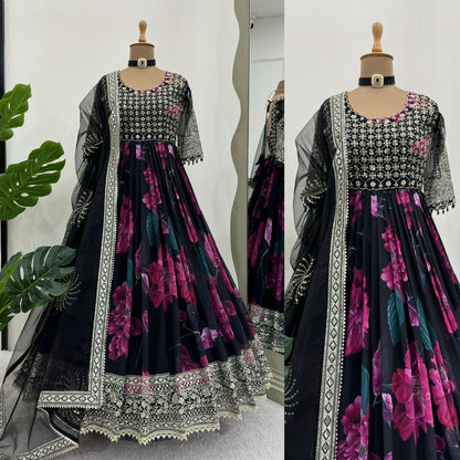 New Printed With Embroidery Work Anarkali Suit Set