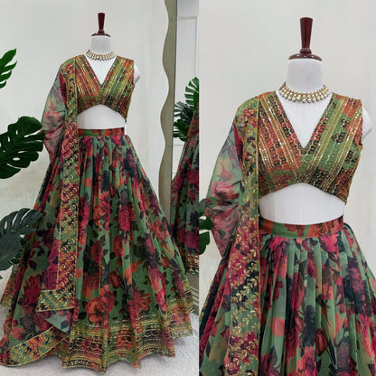 New Digital Printed With Embroidery Work Lehenga