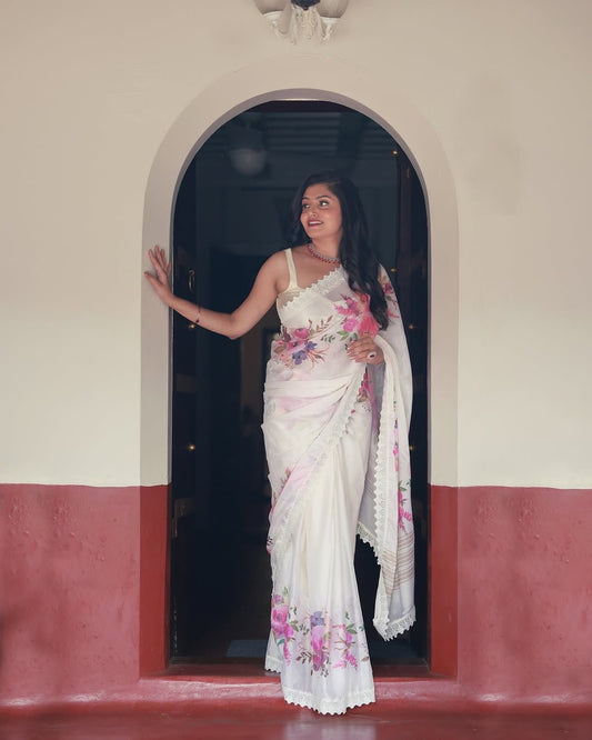 Party Wear White Color Georgette  Saree