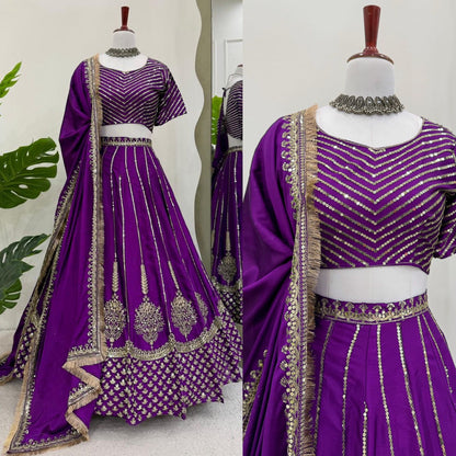 NEW TREDING BEST PURPLE CHINON SILK LEHNGHA SET