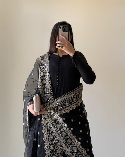 Most elegance Designer Black Anarkali Top&Plzzo Suit