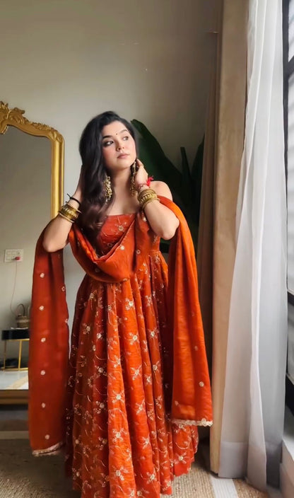 Most Beautiful Orange Anarkali Suit With Dupatta