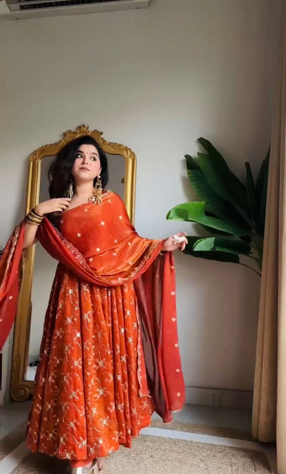 Most Beautiful Orange Anarkali Suit With Dupatta