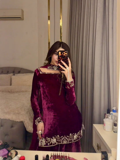 Designer Velvet Top & Sharara Suit