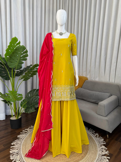Elegant Wedding Yellow Color Top & Sharara Suit