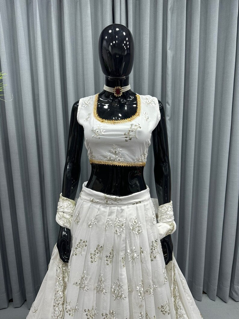 Most Attractive Party Wear White Sequin Work Lehenga Choli