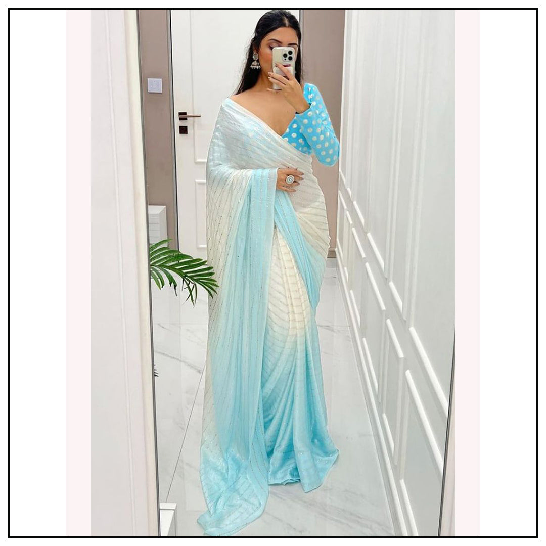 White and skyblue shaded georgette mukesh work designer saree