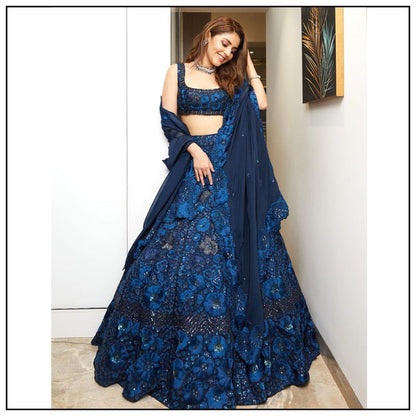 Navy Blue Floral Embroidered Georgette Lehenga Choli