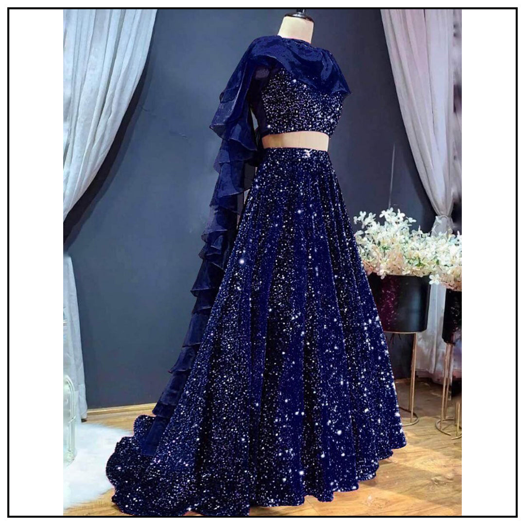 Navy Blue velvet heavy sequence work wedding lehenga choli