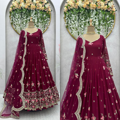 Cherry Pink Chinon With Embroidery Work Anarkali Set