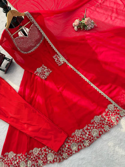 Heavy Georgette Red Anarkali Suit With Sequin Detailing