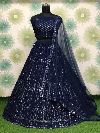 Navy Blue Sequined Georgette Party Wear Lehenga Choli