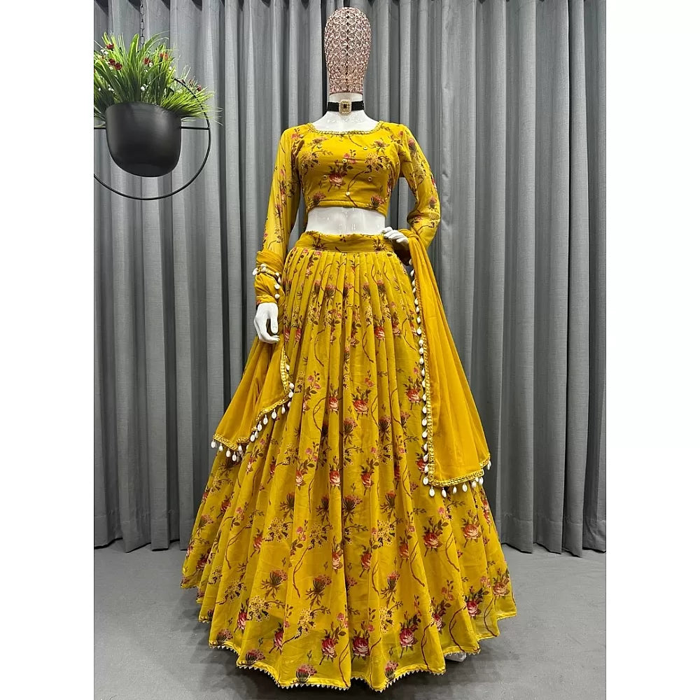 Yellow flower printed georgette lehenga choli for haldi ceremony