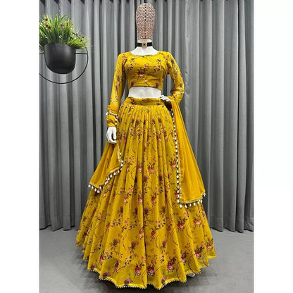 Yellow flower printed georgette lehenga choli for haldi ceremony