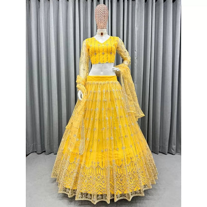 Yellow soft net sequence embroidery work haldi ceremony lehenga choli